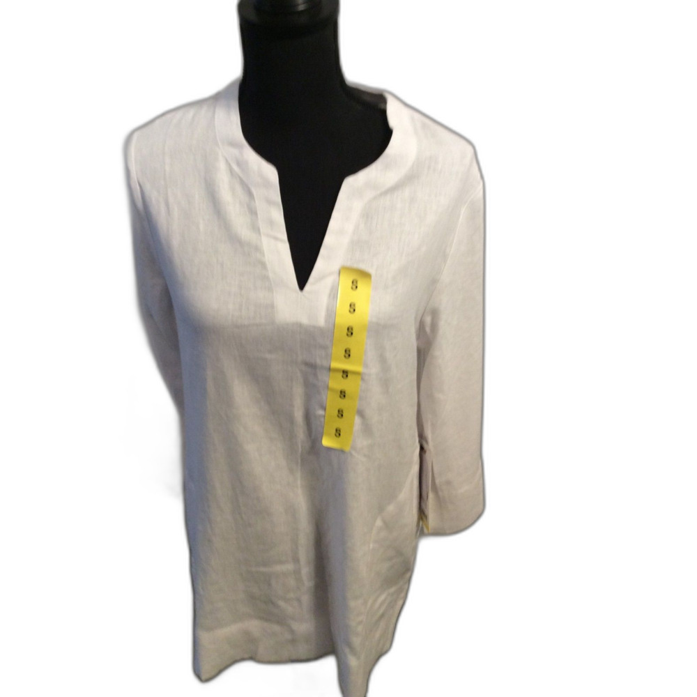 New NWT Linen blend Land's End Small S White Split Neck 3/4 Sleeve Tunic Top